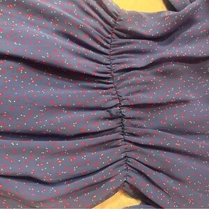 Blue Ruched Top with Red and White Dots